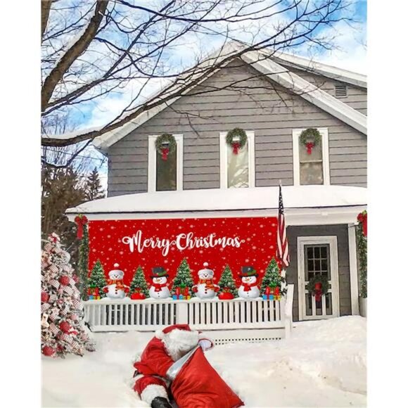 Christmas Garage Door Banner 7 x 8 ft, Snowman Xmas Trees Snow Red Background - Picture 5 of 7